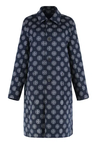 Tory Burch Jacquard Wool Coat With Monogram T In Blue