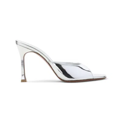 Amina Muaddi Alexa 95 Metallic Leather Mules In White