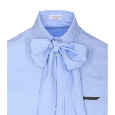 Brunello Cucinelli Bow Pocket Long Sleeve Shirt In Blue