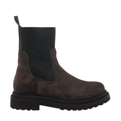 Brunello Cucinelli Chunky Sole Suede Ankle Boots With Monili Detail In Brown