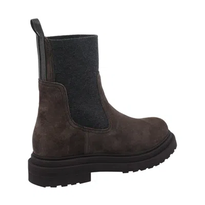 Brunello Cucinelli Chunky Sole Suede Ankle Boots With Monili Detail In Brown