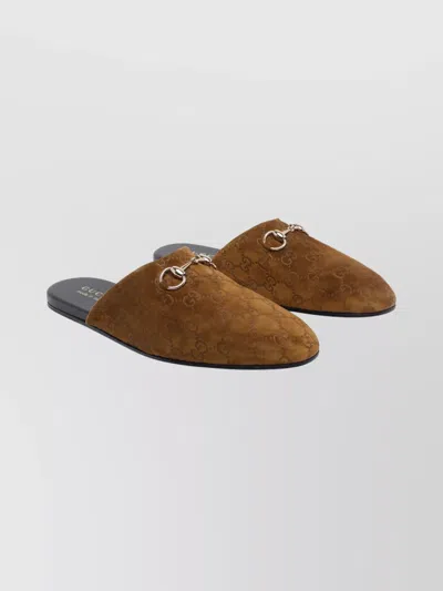 Gucci Men Brown Mule With Horsebit On The Front And All-over Gg Motif In Suede Man In Brown