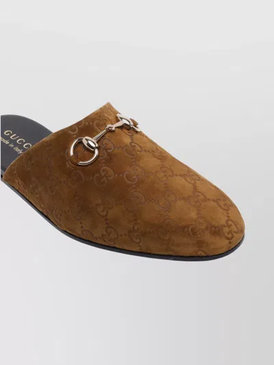 Gucci Men Brown Mule With Horsebit On The Front And All-over Gg Motif In Suede Man In Brown