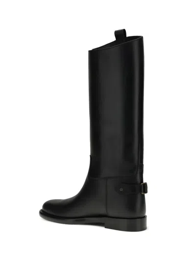 Burberry Women Black Boots With Side Logo Plaque In Leather Woman In Black