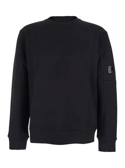C.p. Company Black Crew Neck Sweater With Logo Patch Applied On The Sleeve In Cotton Man In Black