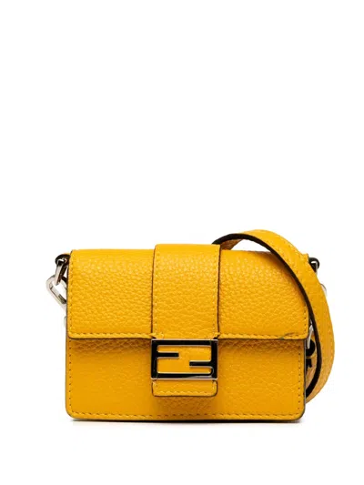Pre-owned Fendi 2010-2025 Micro Leather Flat Baguette Crossbody Bag In Yellow