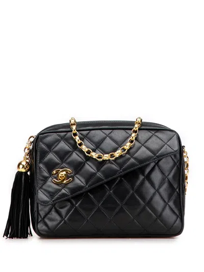 Pre-owned Chanel 1991-1994 Cc Quilted Lambskin Tassel Camera Bag Crossbody Bag In Black