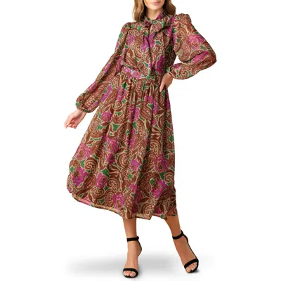 Flying Tomato Print Long Sleeve Midi Dress In Brown