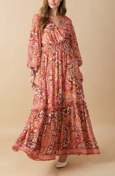 Flying Tomato Print Long Sleeve Maxi Dress In Brown