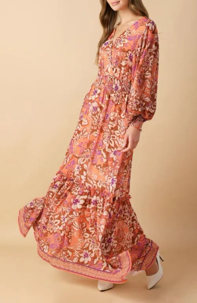 Flying Tomato Print Long Sleeve Maxi Dress In Brown