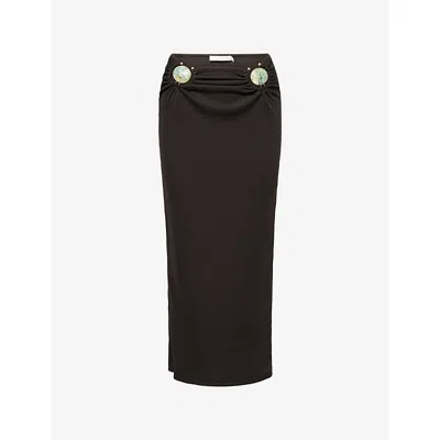 Christopher Esber Womens Carbon Stone-embellished Ruched Stretch-woven Midi Skirt In Black