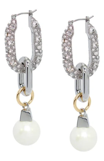 Allsaints Pave Link & Imitation Pearl Linear Drop Earrings In Silver