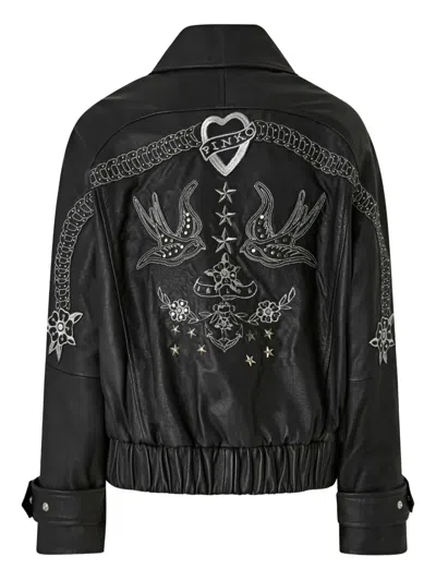 Pinko Bubble Leather Jacket With Embroidery In Black