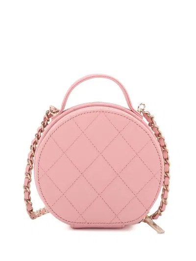 Pre-owned Chanel 2021 Quilted Caviar Handle With Care Round Vanity Case With Chain Satchel In Pink