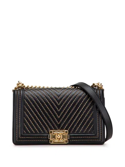 Pre-owned Chanel 2016-2017 Old Medium Chevron Lambskin Stitched Boy Flap Crossbody Bag In Black