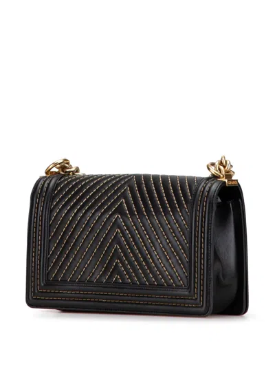 Pre-owned Chanel 2016-2017 Old Medium Chevron Lambskin Stitched Boy Flap Crossbody Bag In Black