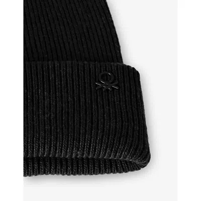 Benetton Black Logo-plaque Wool Blend Beanie 8-14 In Black