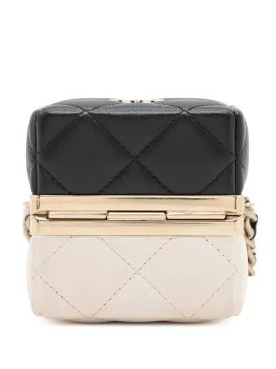 Pre-owned Chanel 2021-2025 Bicolor Quilted Lambskin Cube Clutch With Chain Crossbody Bag In White