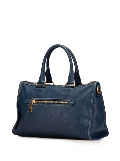 Pre-owned Prada 2010-2025 Vitello Daino Zip Top Satchel In Blue