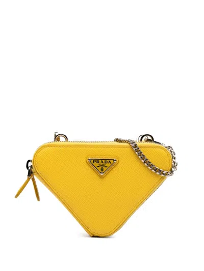 Pre-owned Prada 2013-2025 Mini Saffiano Lux Double Triangle Satchel In Yellow