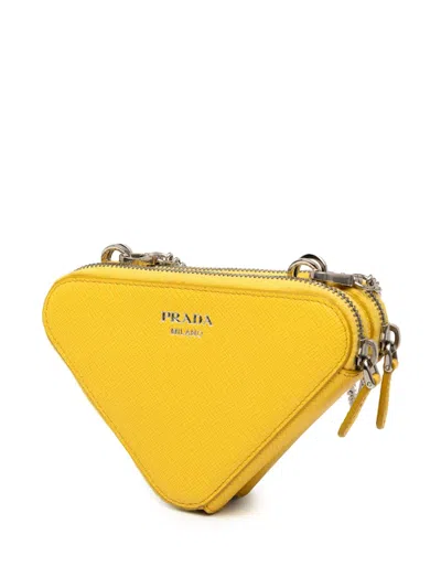 Pre-owned Prada 2013-2025 Mini Saffiano Lux Double Triangle Satchel In Yellow
