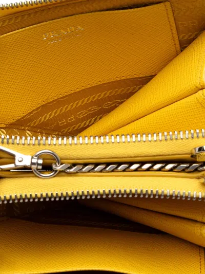Pre-owned Prada 2013-2025 Mini Saffiano Lux Double Triangle Satchel In Yellow