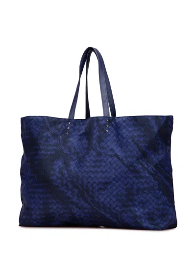 Pre-owned Bottega Veneta 2012-2025 Nylon Intrecciolusion Tote Bag In Blue