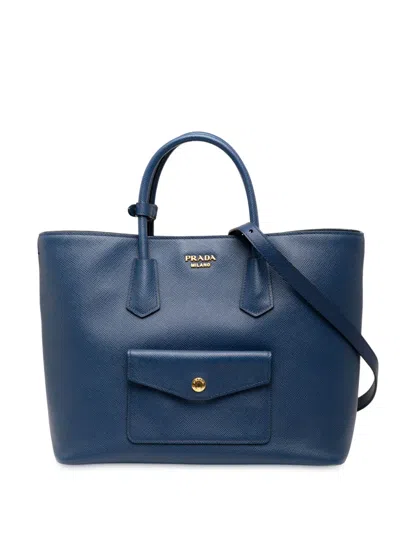 Pre-owned Prada 2013-2025 Saffiano Cuir Front Pocket Convertible Tote Satchel In Blue
