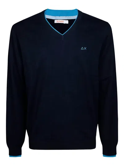 Sun 68 V-neck Ribbed Sweater In Blue