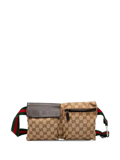 Pre-owned Gucci 2000-2015 Gg Canvas Web Double Pocket Belt Bag In Brown