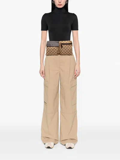 Pre-owned Gucci 2000-2015 Gg Canvas Web Double Pocket Belt Bag In Brown