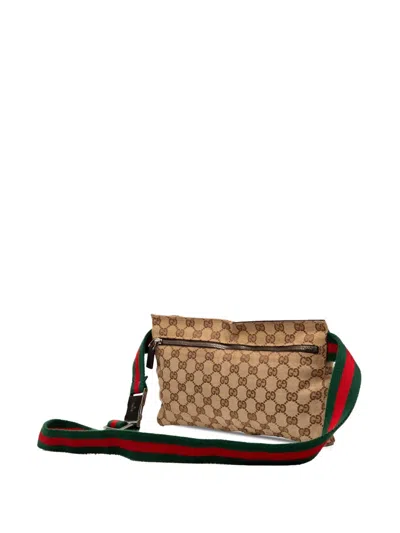 Pre-owned Gucci 2000-2015 Gg Canvas Web Double Pocket Belt Bag In Brown