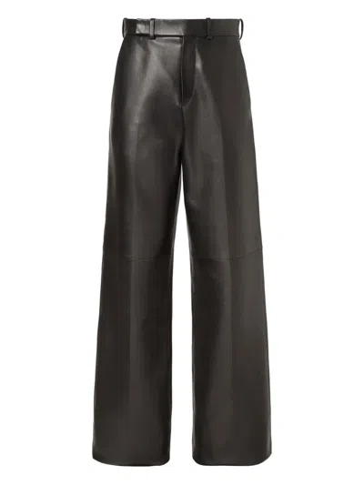 Fendi High Waist Lambskin Leather Wide Leg Trousers In Black