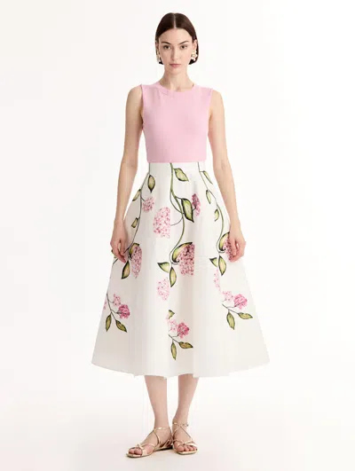 Oscar De La Renta Porcelain Flowers Stretch Cotton Poplin A-line Midi Skirt In White