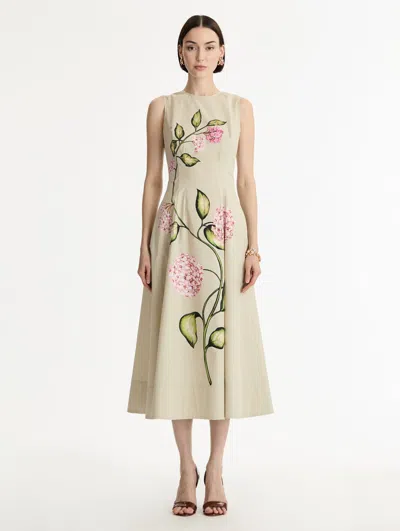 Oscar De La Renta Sleeveless Porcelain Flowers-print Midi Day Dress In Animal Print