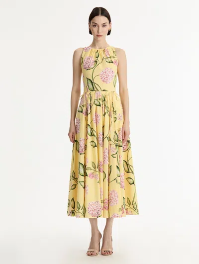 Oscar De La Renta Sleeveless Porcelain Flower Waist-tie Midi Dress In Yellow