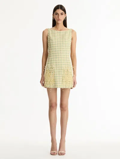 Oscar De La Renta Sequin-embellished Feather-trimmed Checked Cotton-blend Tweed Mini Dress In Yellow