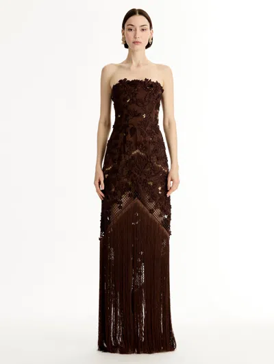 Oscar De La Renta Porcelain Flower Lattice Fringe Gown In Brown