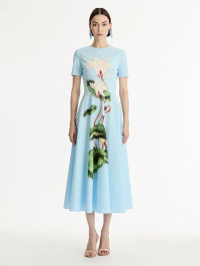 Oscar De La Renta Short Sleeve Chine Cyclamen Poplin Day Dress In Blue