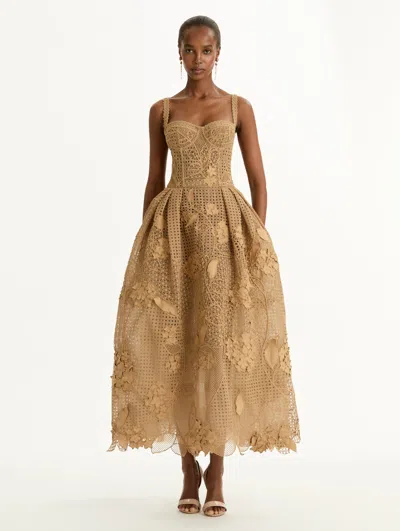 Oscar De La Renta Porcelain Flower Guipure Rattan Cocktail Dress In Brown