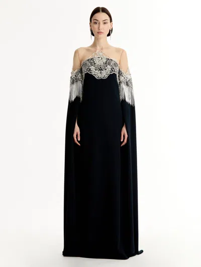 Oscar De La Renta Porcelain Flower Lattice Fringe Caftan In Blue