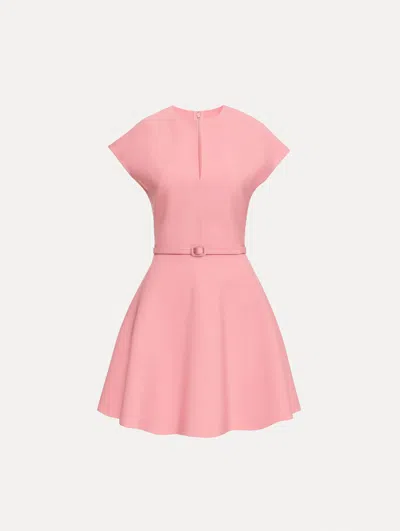Oscar De La Renta Short-sleeve Split-neck Belted Mini Dress In Pink