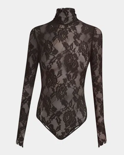 Valentino Turtleneck Long-sleeve Lace Bodysuit In Brown