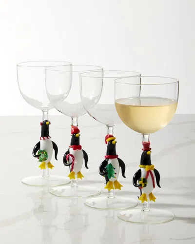 Neiman Marcus Figural Penguin 10 Oz. Wine Glasses, Set Of 4 In Multi