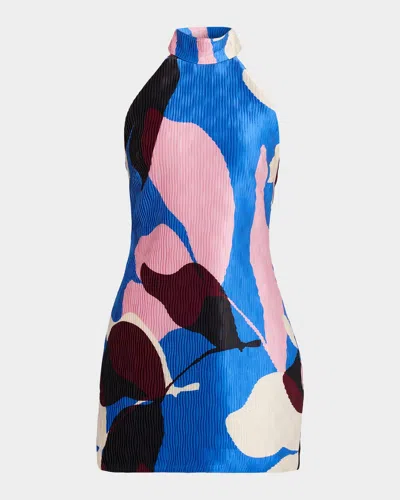 Rebecca Vallance Mika Pleated Floral-print Halter Mini Dress In Blue
