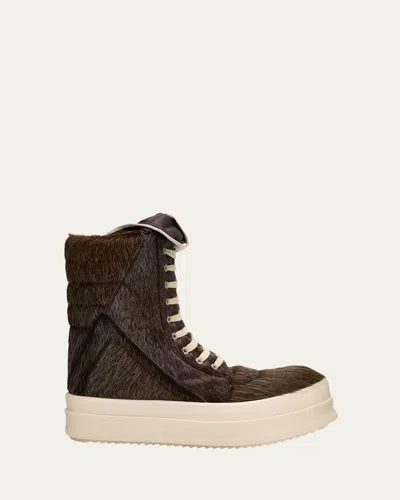 Rick Owens Men's Mega Geobasket Calf Hair Sneakers In Brown