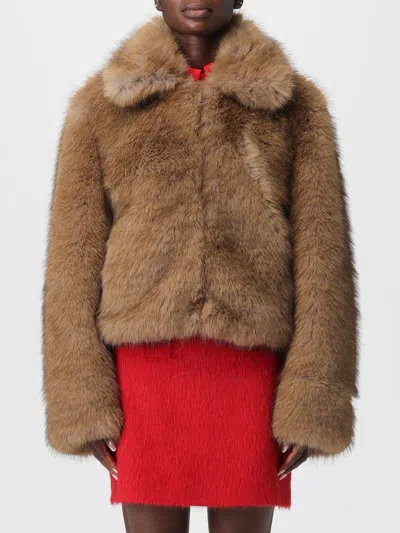 Msgm Beige Fur Jacket With Spread Collar And Front Concealed Closure In Ecofur Woman In Brown