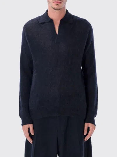 Auralee Classic Polo Sweater With Ribbed Collar And Buttoned Placket In Blue