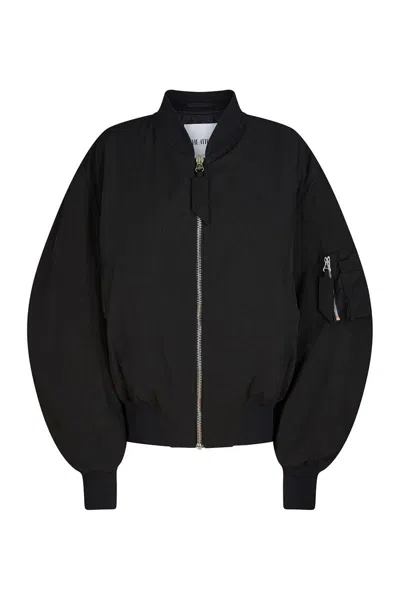 Attico Zip Bomber Jacket Ribbed Cuffs Hem Pockets In Black
