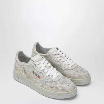 Autry Medalist Low Sneakers In Worn-out Effect Suede With Rhinestones In Neutral